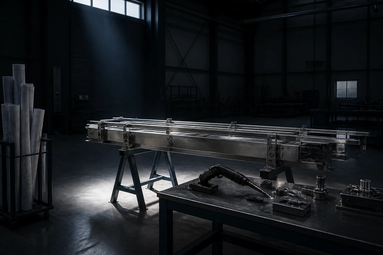 Atelier d'un constructeur de machines : châssis inox en cours d'assemblage sur tréteaux, établi et plans roulés.